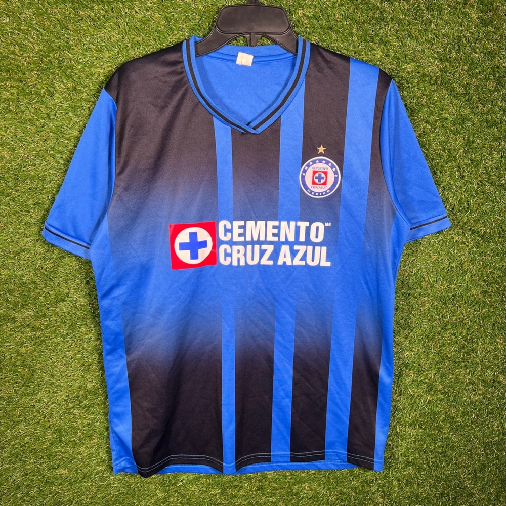 Cruz Azul Soccer Jersey Mens Large Blue Black Striped Cemento Cruz Azul Caliente